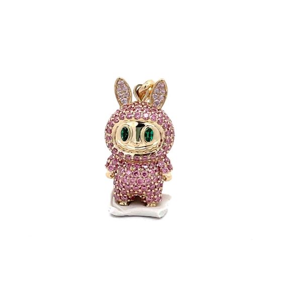 Celoray Custom 9k Yellow Gold LABUBU-Style Pink Pave Diamond Pendant with Green Eyes