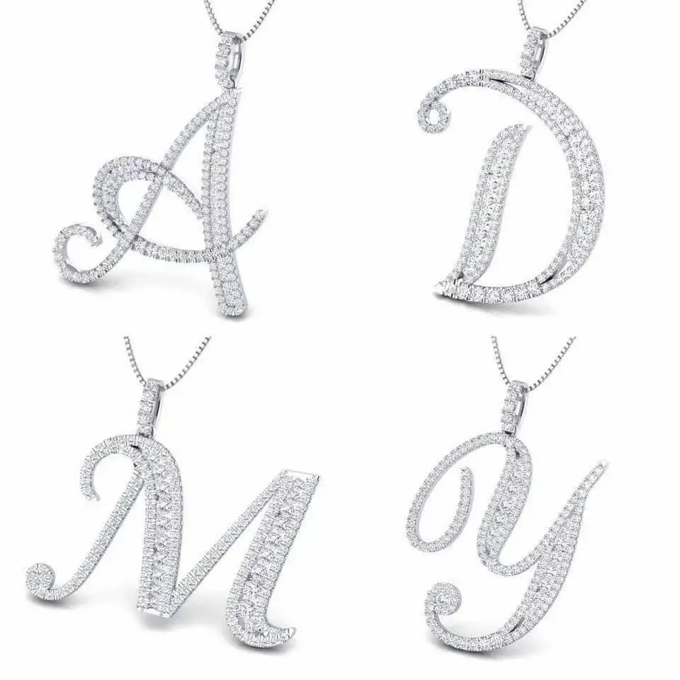 Celoray Customized 14K White Gold Script Font Initial Letter Pendant with Pave Diamonds Celoray Customized 14K White Gold Script Font Initial Letter Pendant with Pave Diamonds