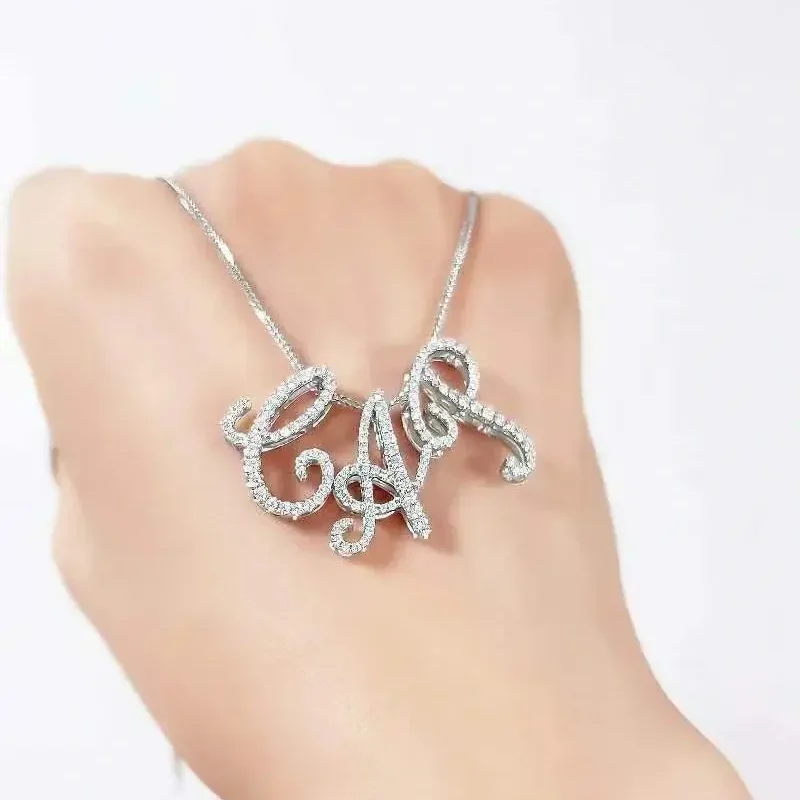 Celoray Customized 14K White Gold Script Font Initial Letter Pendant with Pave Diamonds Celoray Customized 14K White Gold Script Font Initial Letter Pendant with Pave Diamonds