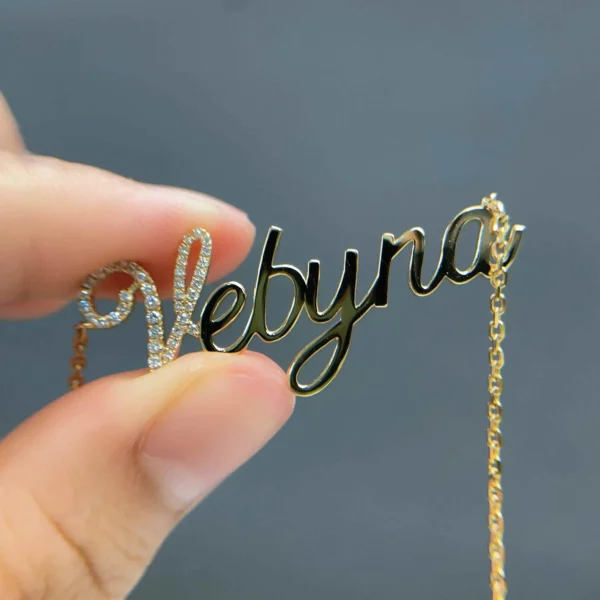 Celoray 18K Yellow Gold Fancy Font Vebyna Name Pendant Necklace with VVS Lab Diamonds