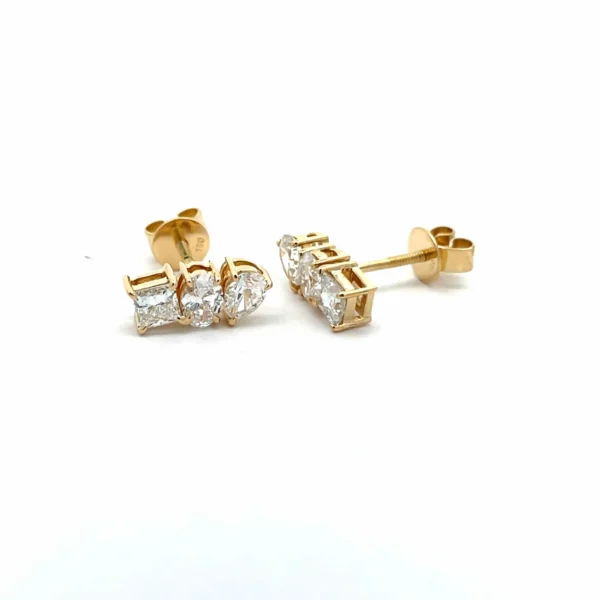 Celoray Custom 18K Yellow Gold 3-Stone Oval Pear Princess Diamonds Ear Stud