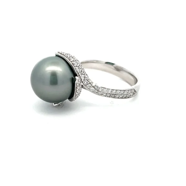 Celoray 18K White Gold 11MM Tahitian Pearl with Flower Petal Diamond Ring
