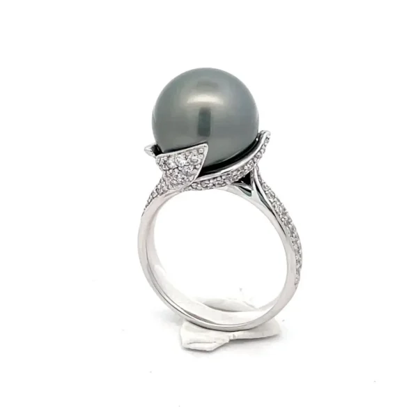 Celoray 18K White Gold 11MM Tahitian Pearl with Flower Petal Diamond Ring