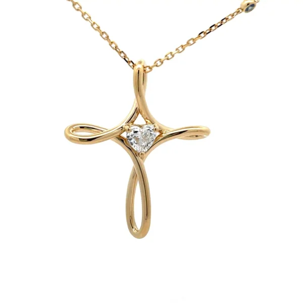 Celoray Custom 18K Gold Twist Cross Pendant with Lab Heart Diamond