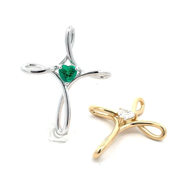 Celoray Custom 18K Gold Twist Cross Pendant with Lab Heart Emerald