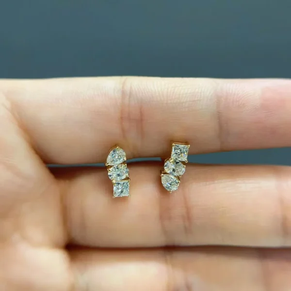 Celoray Custom 18K Yellow Gold 3-Stone Oval Pear Princess Diamonds Ear Stud