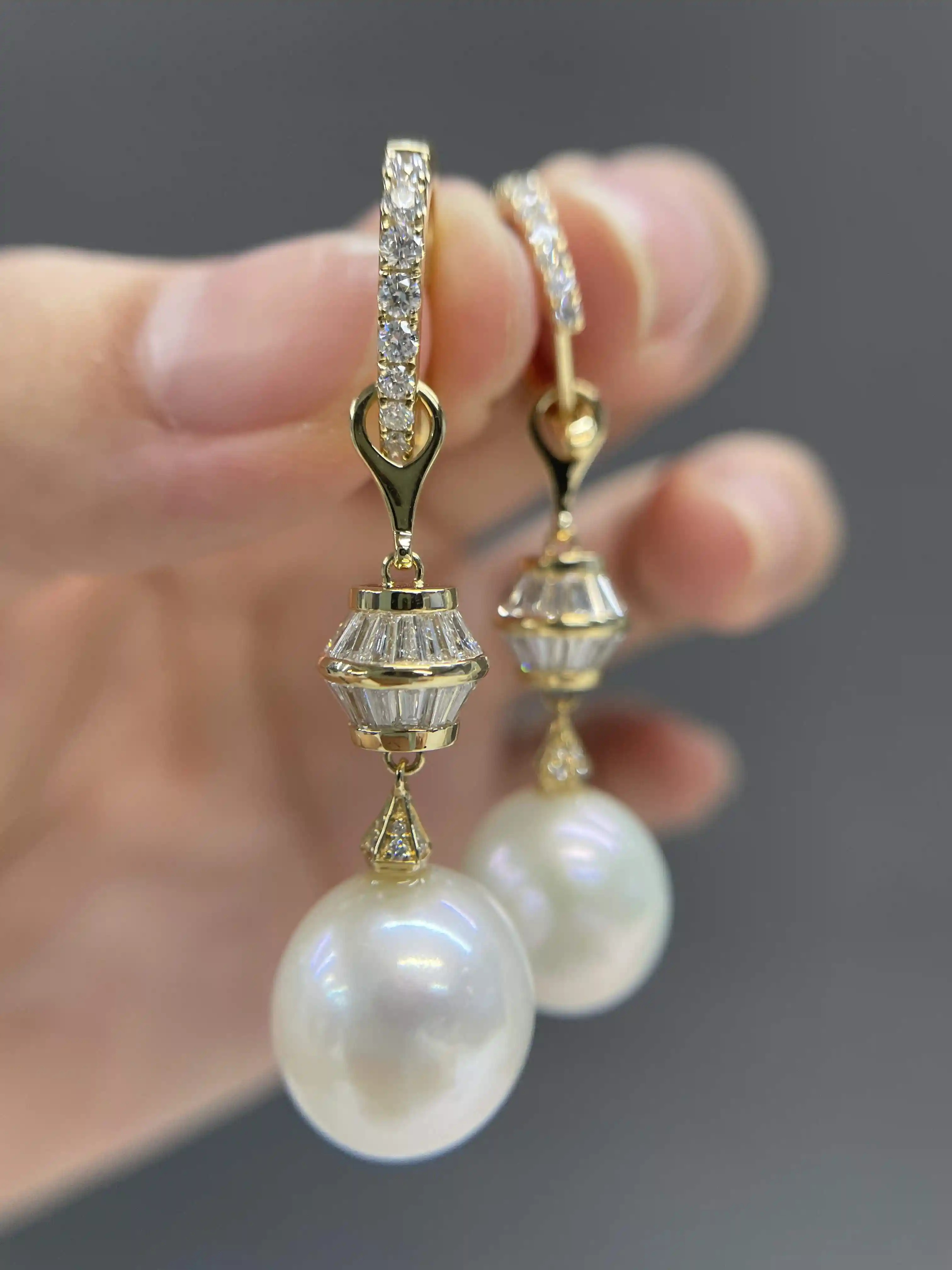 Celoray Custom 18K Yellow Gold Baguette and Round Diamond Pearl Earrings 12MM Celoray Custom 18K Yellow Gold Baguette and Round Diamond Pearl Earrings 12MM