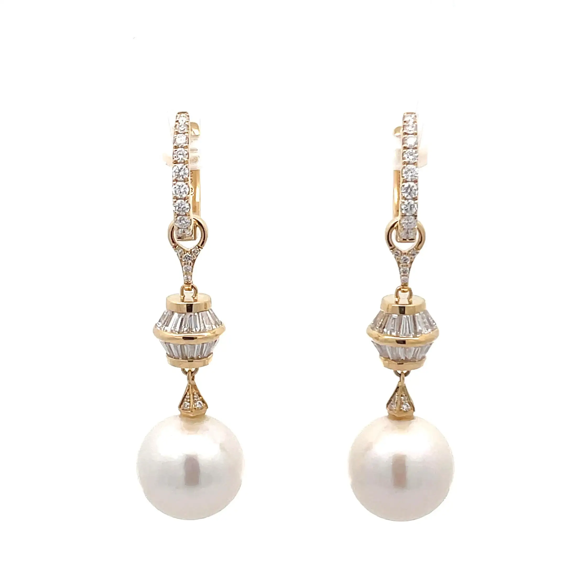 Celoray Custom 18K Yellow Gold Baguette and Round Diamond Pearl Earrings 12MM Celoray Custom 18K Yellow Gold Baguette and Round Diamond Pearl Earrings 12MM