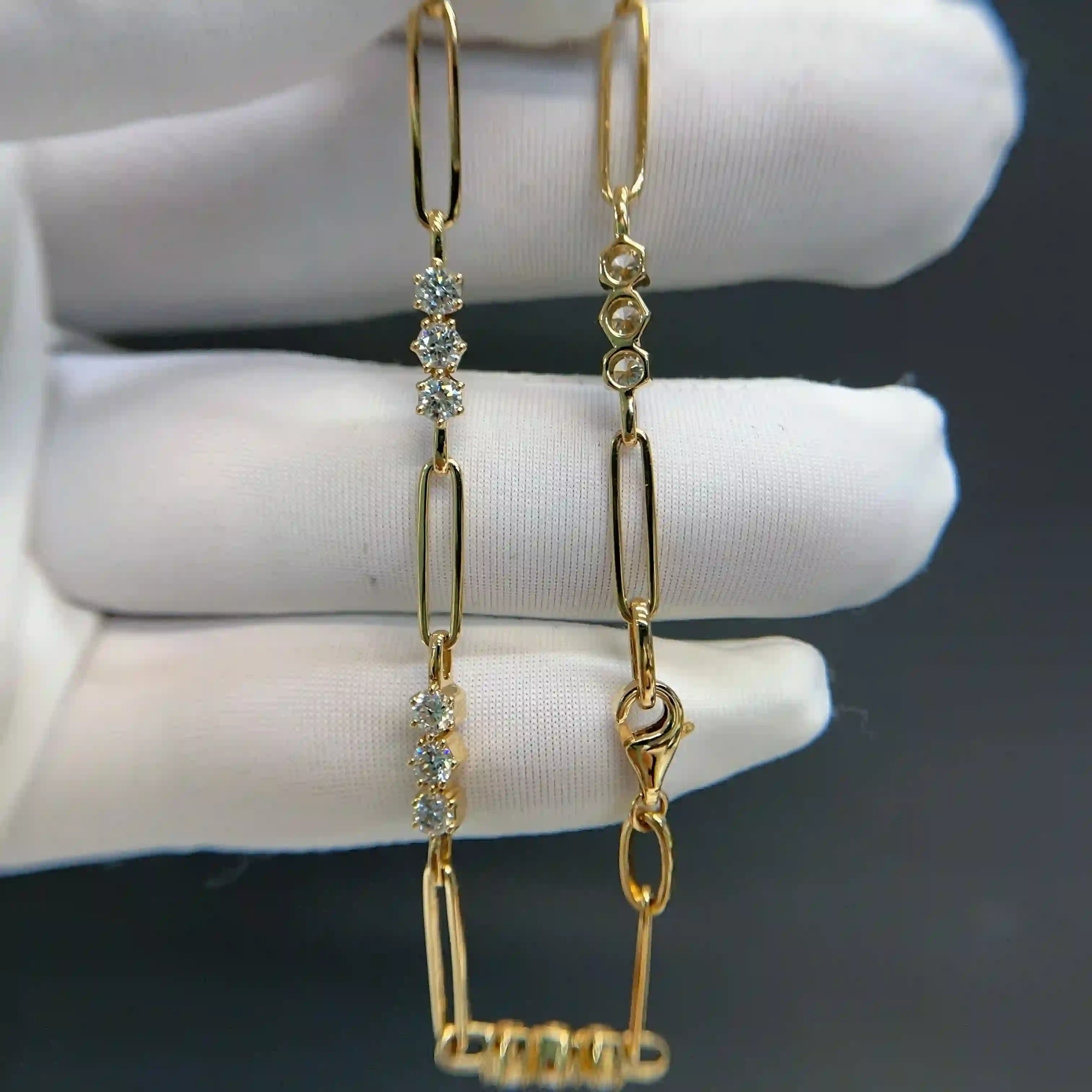 Celoray Custom 14K Yellow Gold Paperclip Link with Diamond Statetion Bracelet (3) Celoray Custom 14K Yellow Gold Paperclip Link with Diamond Statetion Bracelet
