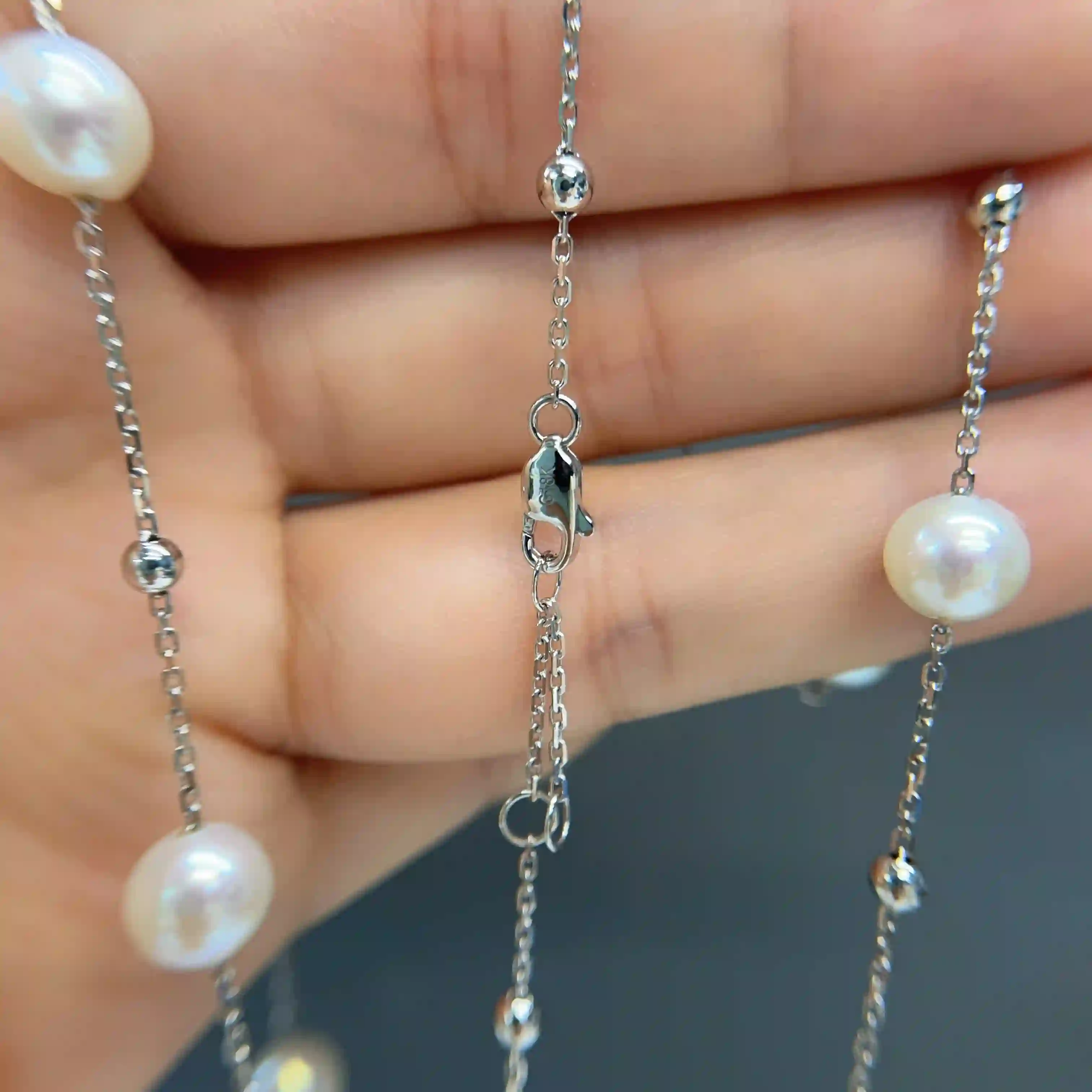 Celoray Custom 18K White Gold 6.5MM-7MM Fresh Pearl Station Necklace for Stacking (2) Celoray Custom 18K White Gold 7MM-7.5MM Fresh Pearl Station Necklace for Stacking