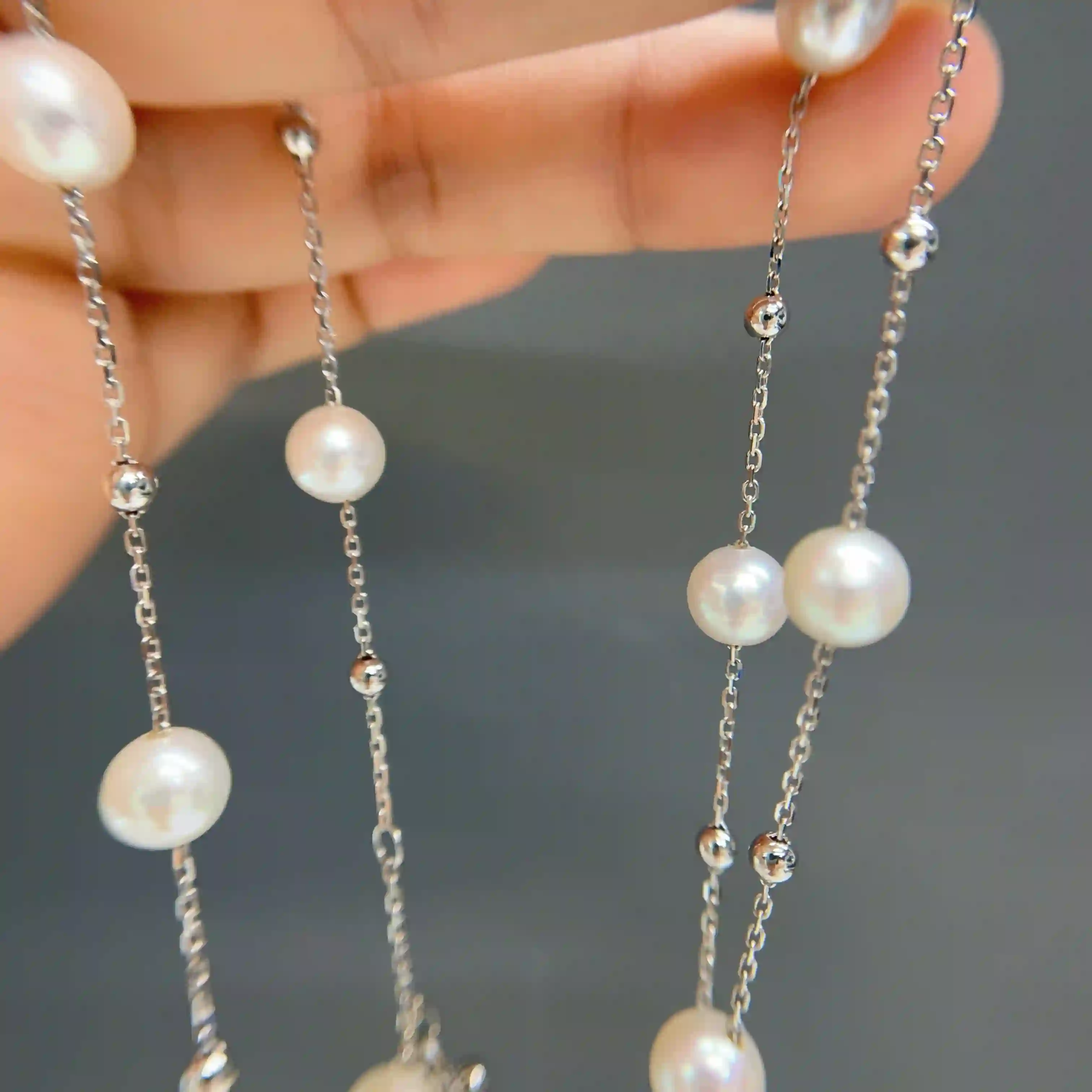 Celoray Custom 18K White Gold 6.5MM-7MM Fresh Pearl Station Necklace for Stacking (3) Celoray Custom 18K White Gold 7MM-7.5MM Fresh Pearl Station Necklace for Stacking