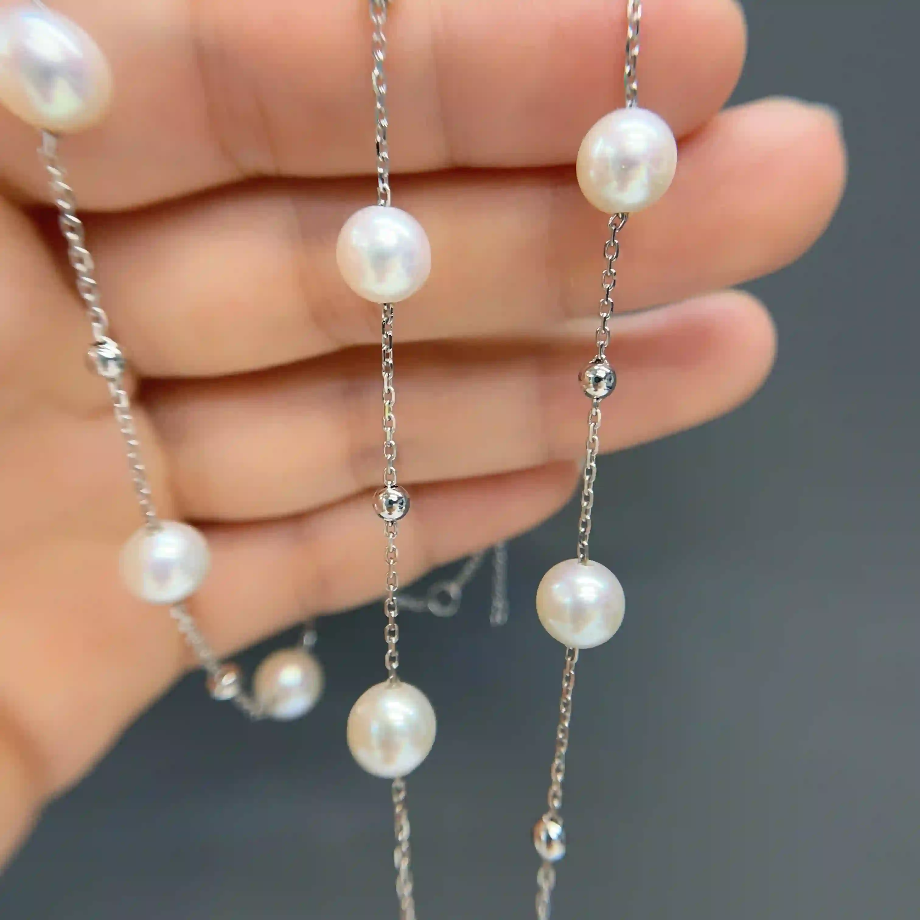 Celoray Custom 18K White Gold 6.5MM-7MM Fresh Pearl Station Necklace for Stacking (4) Celoray Custom 18K White Gold 7MM-7.5MM Fresh Pearl Station Necklace for Stacking