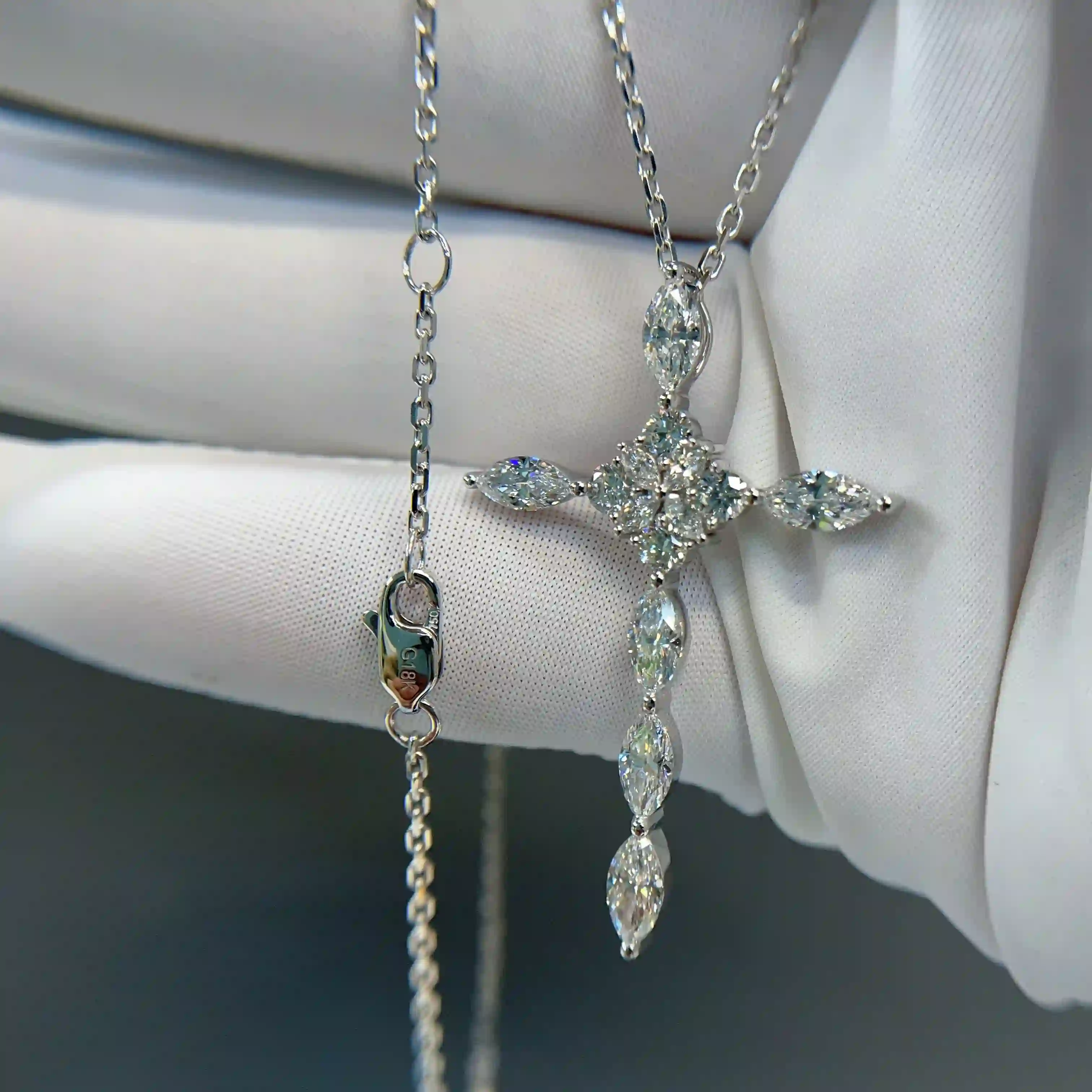 Celoray Custom 18K White Gold Marquise Diamond Cross Pendant Necklace (1) Celoray Custom 18K White Gold Marquise Diamond Cross Pendant Necklace