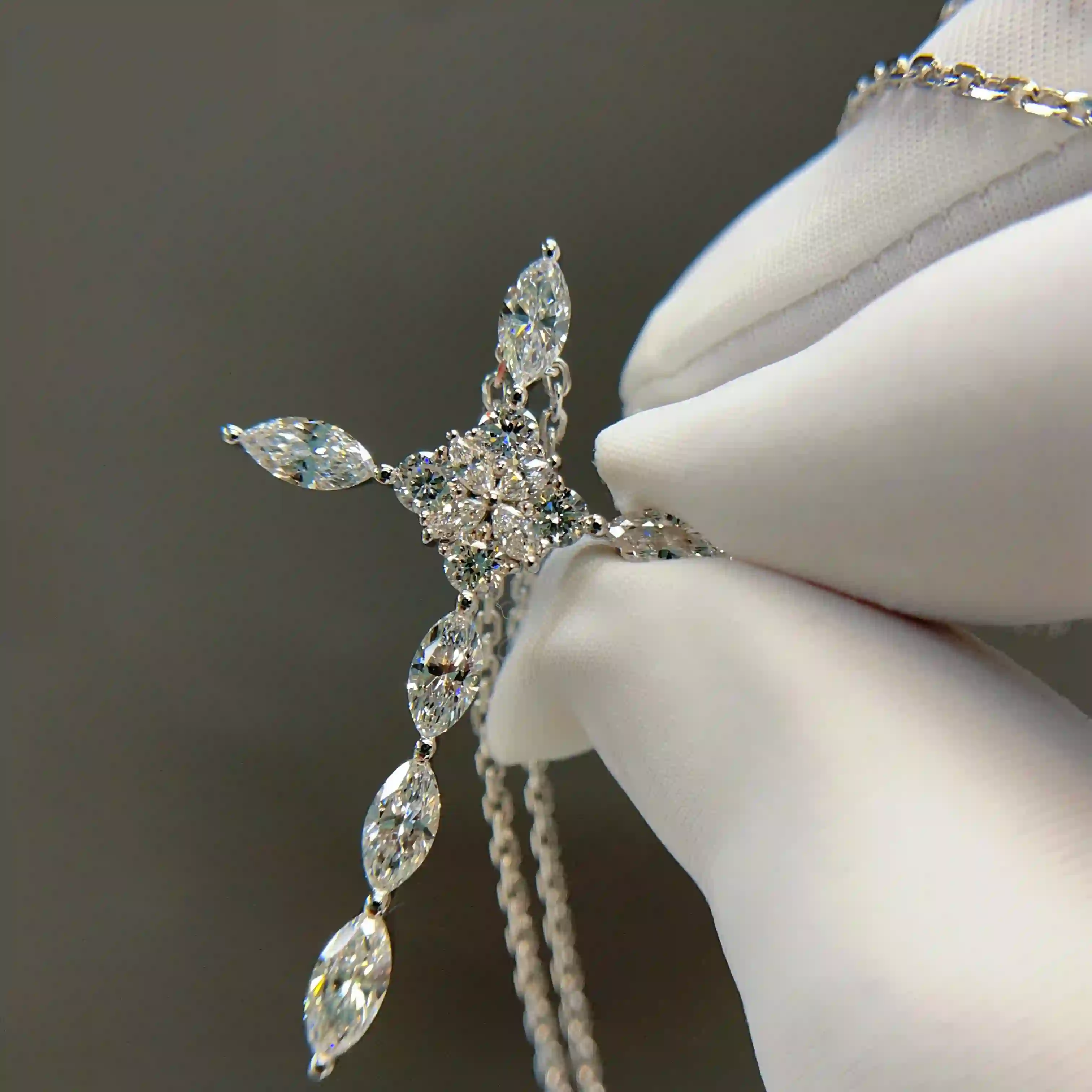 Celoray Custom 18K White Gold Marquise Diamond Cross Pendant Necklace (3) Celoray Custom 18K White Gold Marquise Diamond Cross Pendant Necklace