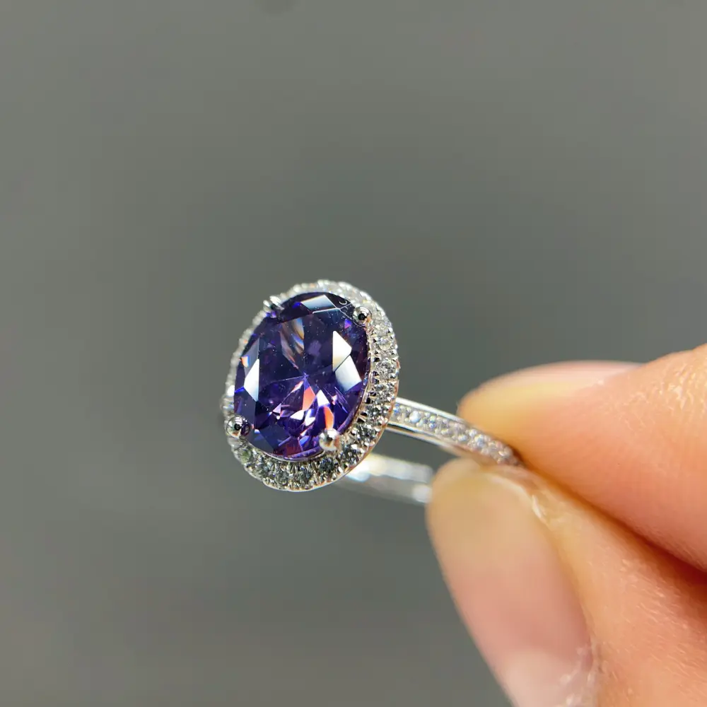 Celoray Custom 18K White Gold Oval Purple Moissanite with Diamond Halo Ring for Women (1) Celoray Custom 18K White Gold Oval Purple Moissanite with Diamond Halo Ring for Women