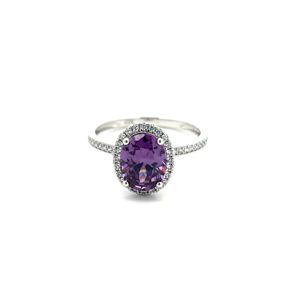 Celoray Custom 18K White Gold Oval Purple Moissanite with Diamond Halo Ring for Women (2) Celoray Custom 18K White Gold Oval Purple Moissanite with Diamond Halo Ring for Women