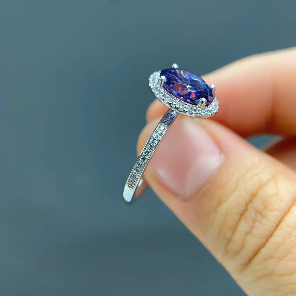 Celoray Custom 18K White Gold Oval Purple Moissanite with Diamond Halo Ring for Women (3) Celoray Custom 18K White Gold Oval Purple Moissanite with Diamond Halo Ring for Women