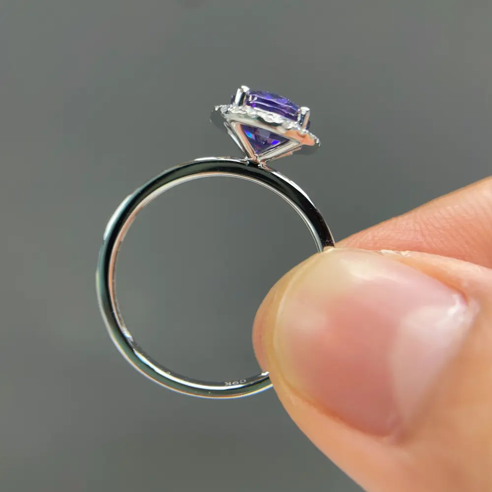 Celoray Custom 18K White Gold Oval Purple Moissanite with Diamond Halo Ring for Women (4) Celoray Custom 18K White Gold Oval Purple Moissanite with Diamond Halo Ring for Women