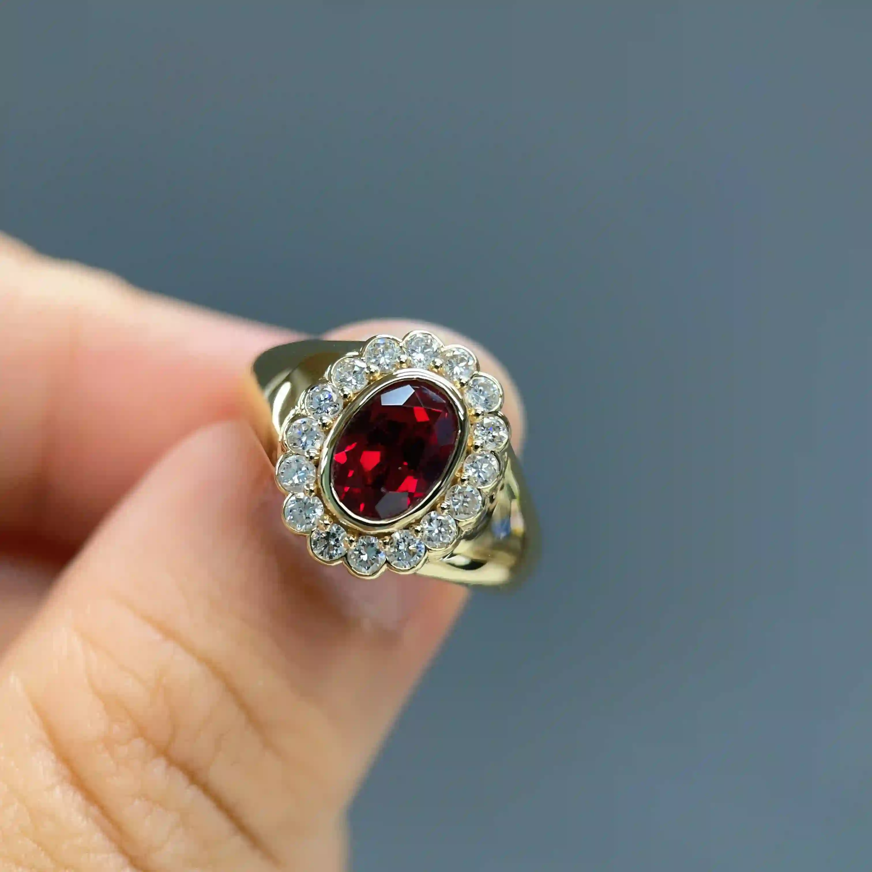 Celoray Custom 18K Yellow Gold 1CT Oval Lab Ruby Diamond Pinky Ring (2) Celoray Custom 18K Yellow Gold 1CT Oval Lab Ruby Diamond Pinky Ring