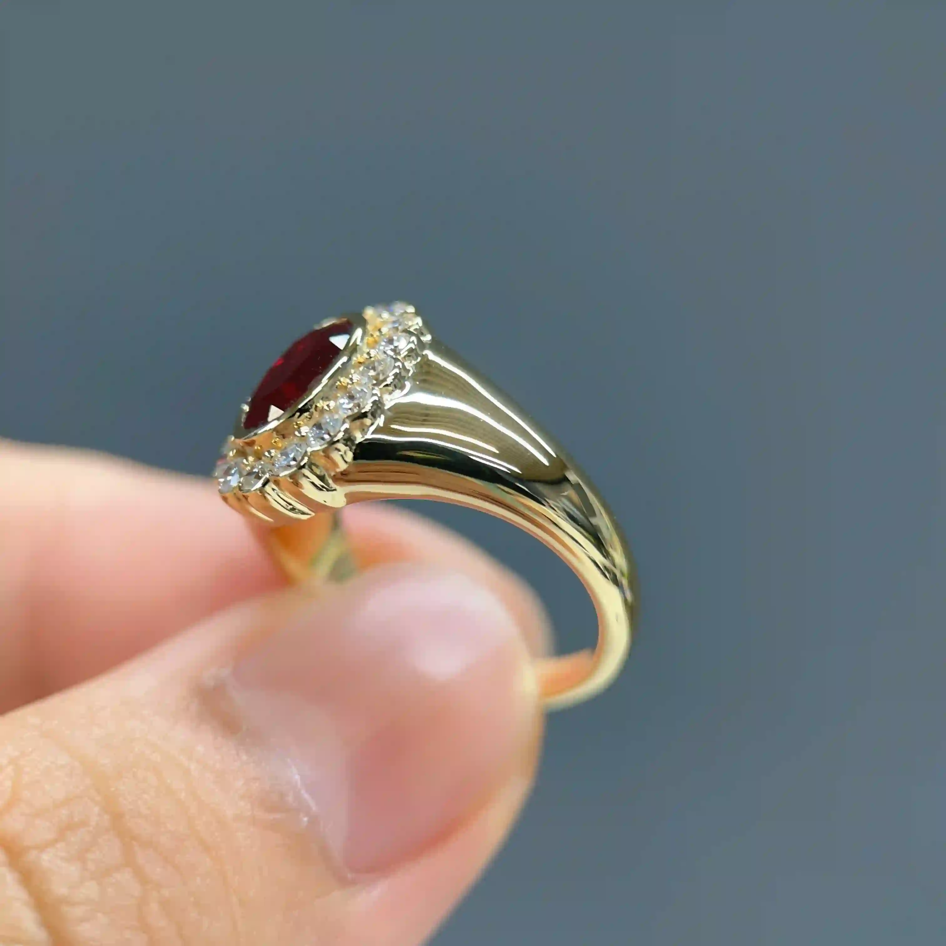Celoray Custom 18K Yellow Gold 1CT Oval Lab Ruby Diamond Pinky Ring (4) Celoray Custom 18K Yellow Gold 1CT Oval Lab Ruby Diamond Pinky Ring