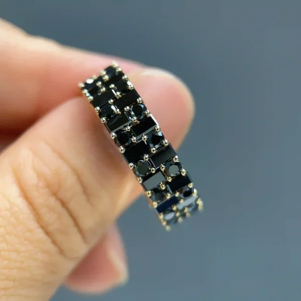 Celoray Custom 18K Yellow Gold 4CT Baguette and Round Black Diamond 3-Row Ring