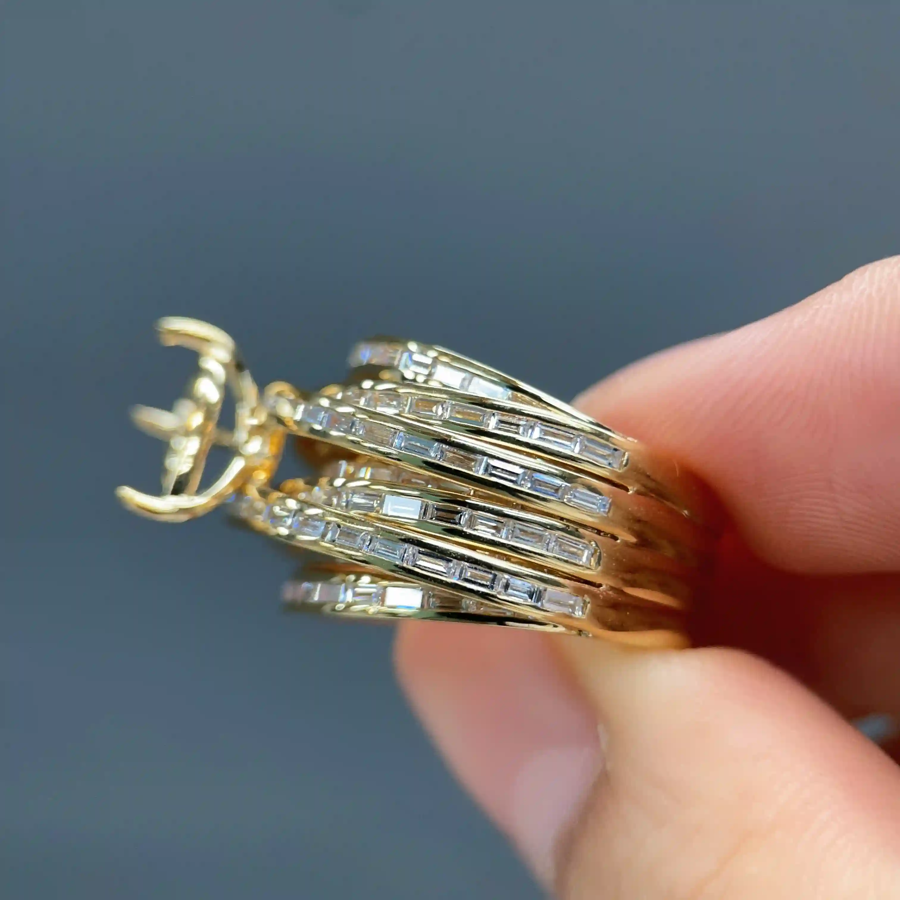 Celoray Custom 18K Yellow Gold Baguette Cut Diamond Stackable Rings with Pear Diamond in Center (1) Celoray Custom 18K Yellow Gold Baguette Cut Diamond Stackable Rings with Pear Diamond in Center