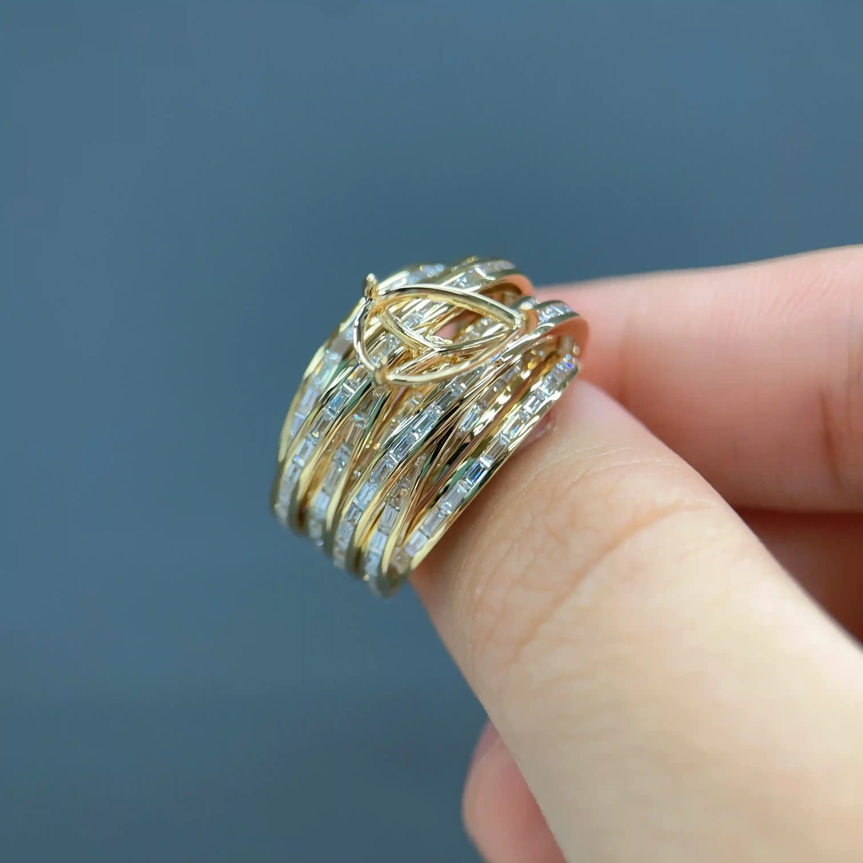 Celoray Custom 18K Yellow Gold Baguette Cut Diamond Stackable Rings with Pear Diamond in Center (4) Celoray Custom 18K Yellow Gold Baguette Cut Diamond Stackable Rings with Pear Diamond in Center