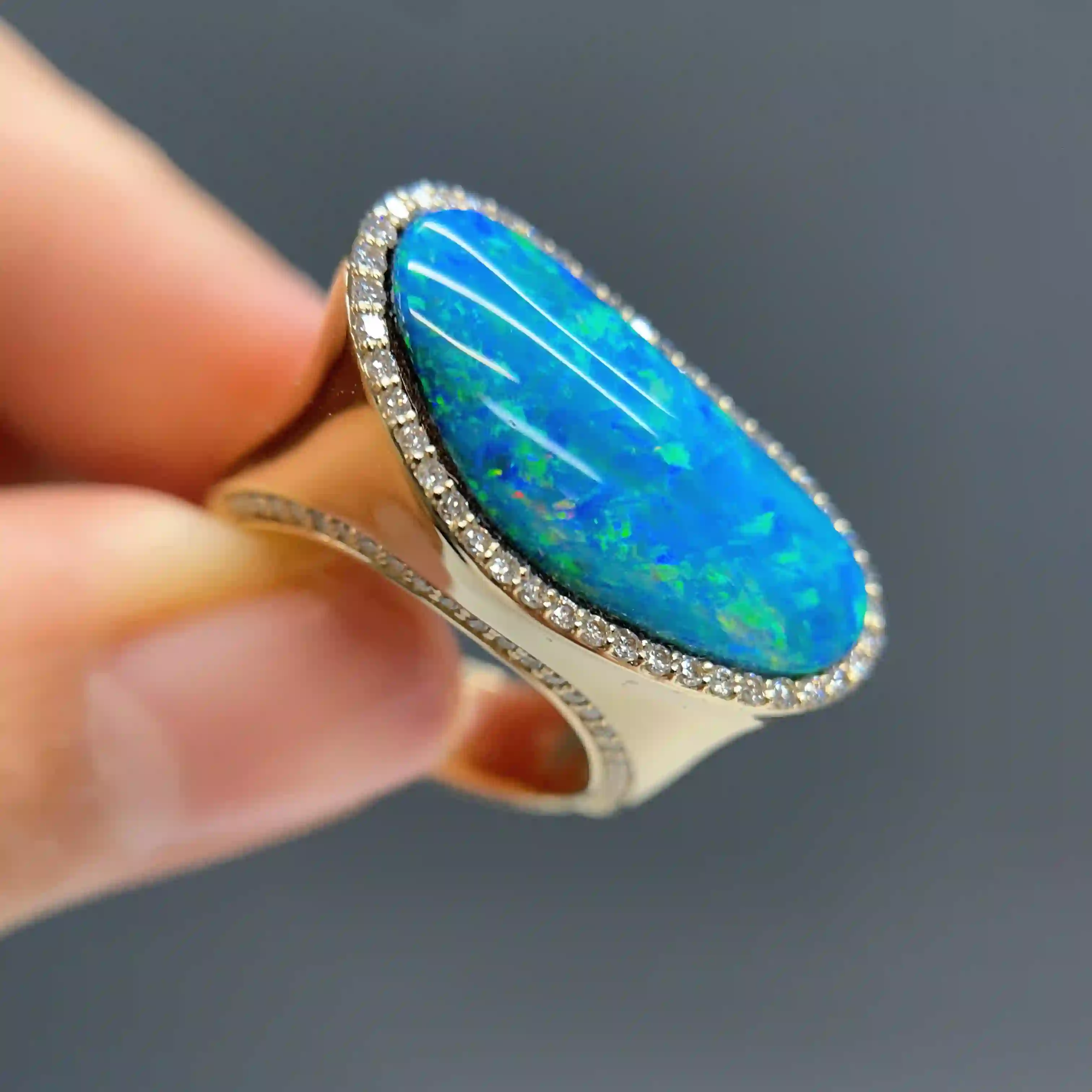 Celoray Custom 18K Yellow Gold Blue Austrilian Opal Diamond Ring for Women (3) Celoray Custom 18K Yellow Gold Blue Austrilian Opal Diamond Ring for Women
