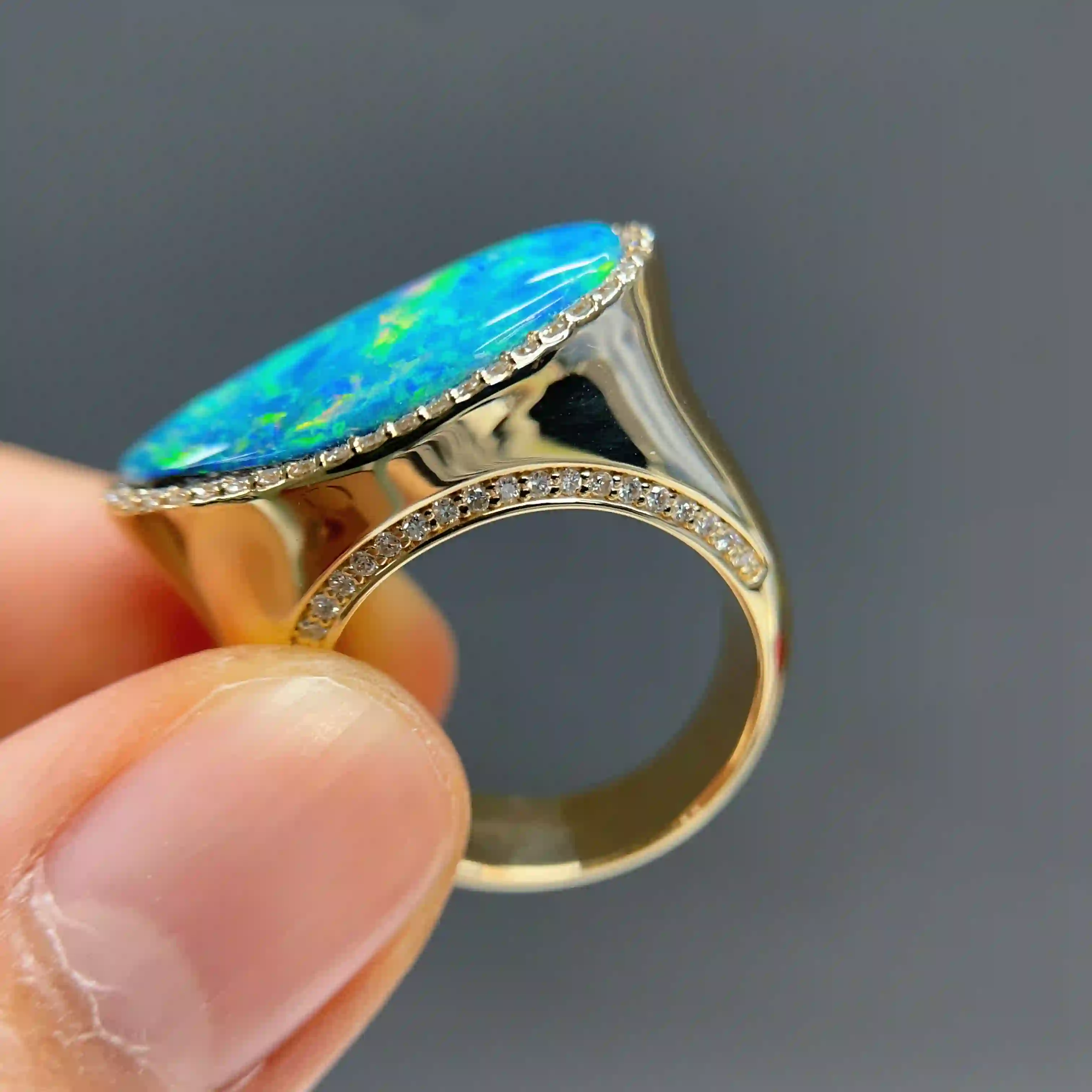 Celoray Custom 18K Yellow Gold Blue Austrilian Opal Diamond Ring for Women (4) Celoray Custom 18K Yellow Gold Blue Austrilian Opal Diamond Ring for Women