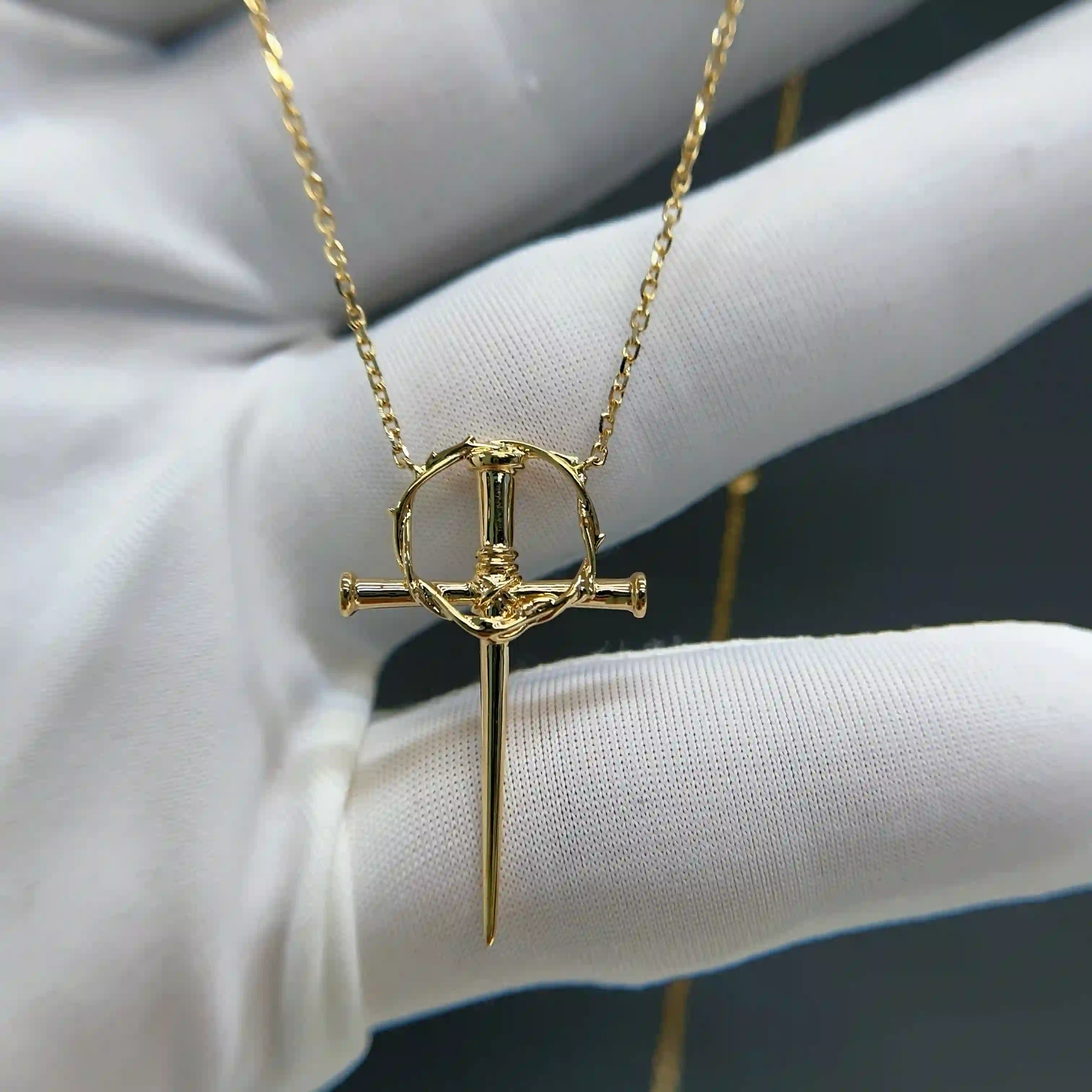 Celoray Custom 18K Yellow Gold Crown of Thorns Cross Pendant Necklace (3) Celoray Custom 18K Yellow Gold Crown of Thorns Cross Pendant Necklace
