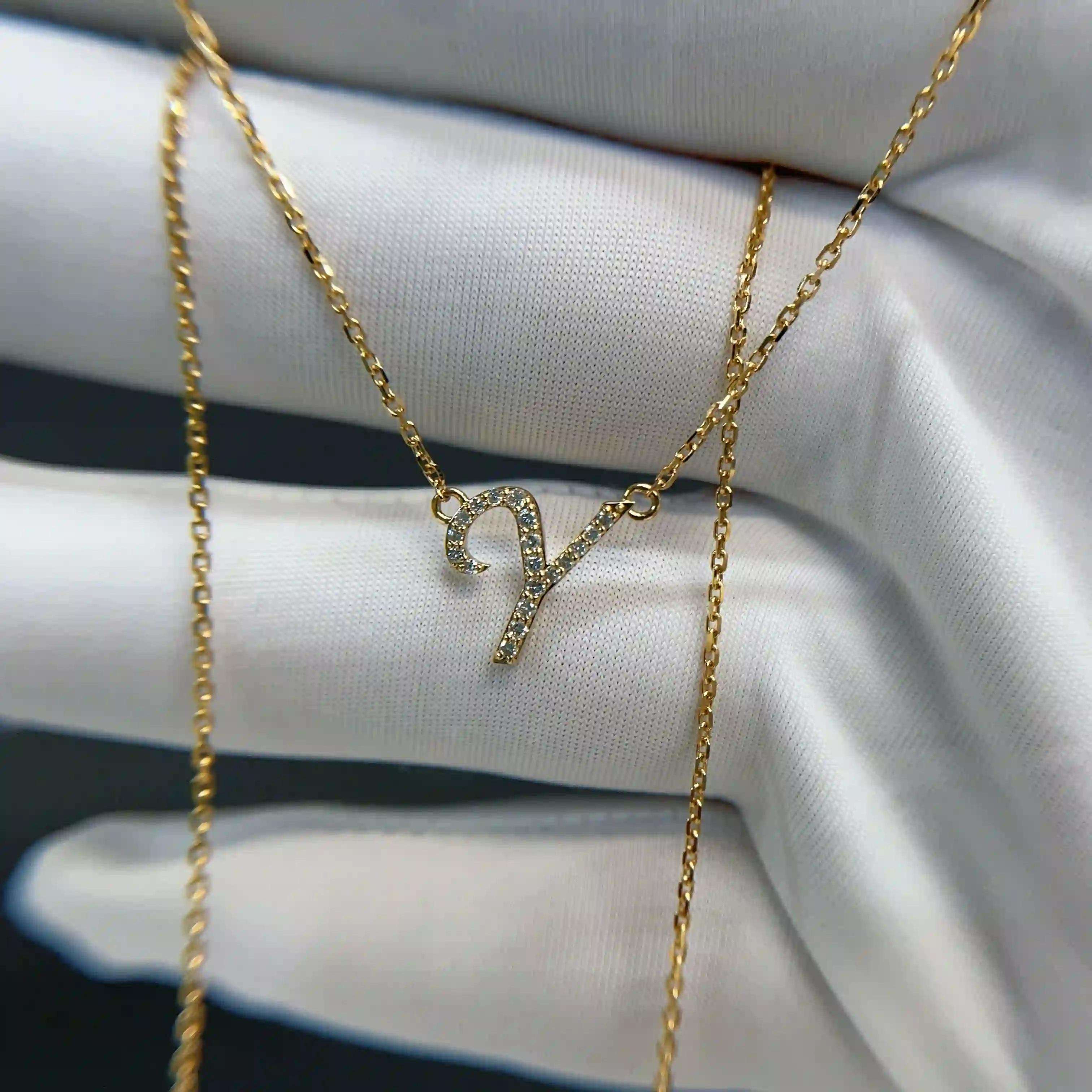 Celoray Custom 18K Yellow Gold Fancy Font Initial Letter Y Diamond Necklace (3) Celoray Custom 18K Yellow Gold Fancy Font Initial Letter Y Diamond Necklace