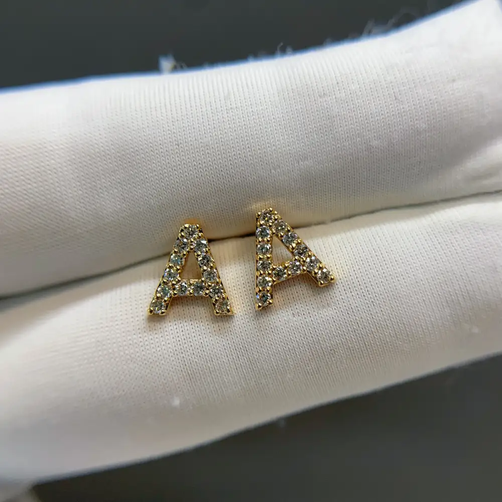 Celoray Custom 18K Yellow Gold Initial Letter A diamond Earstud with Screwback (3) Celoray Custom 18K Yellow Gold Initial Letter A diamond Earstud with Screwback