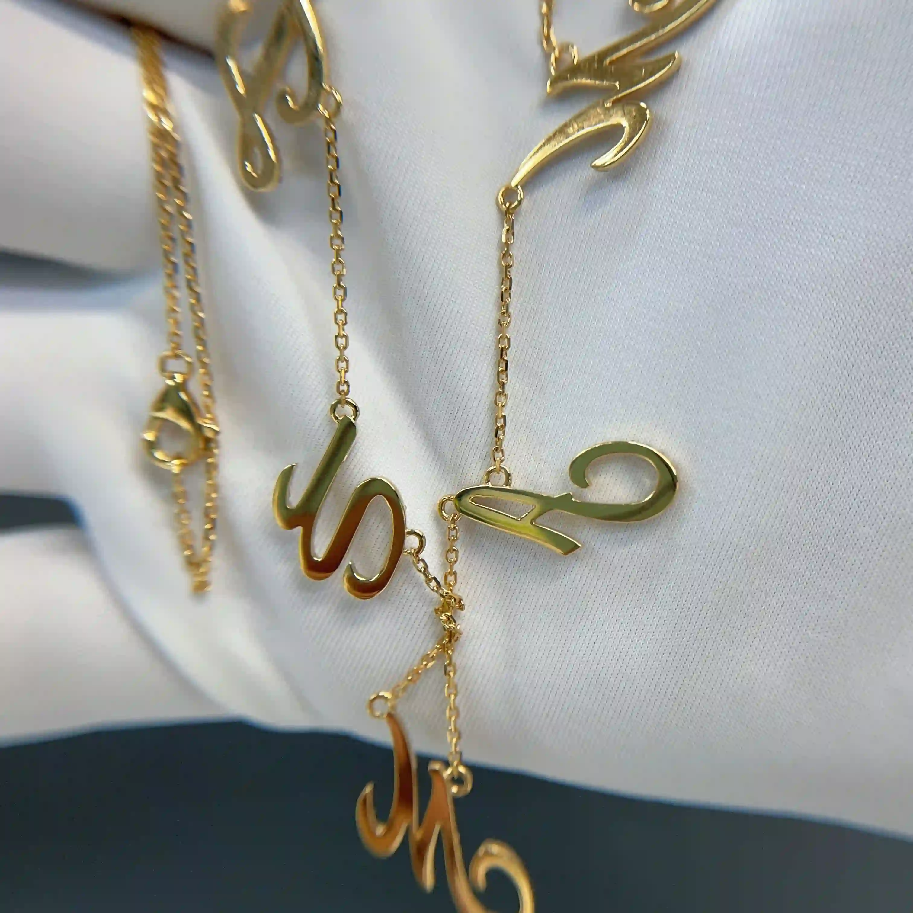 Celoray Custom 18K Yellow Gold Multiple Fancy Font Initial Letters Diamond Necklace (1) Celoray Custom 18K Yellow Gold Multiple Fancy Font Initial Letters Diamond Necklace