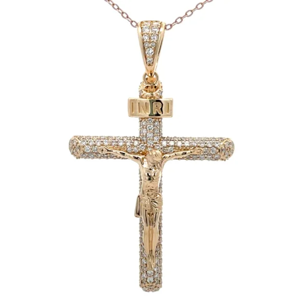 Celoray Custom 18K Yellow Gold Pave Diamond Jesus Cross Pendant with Diamond Bail