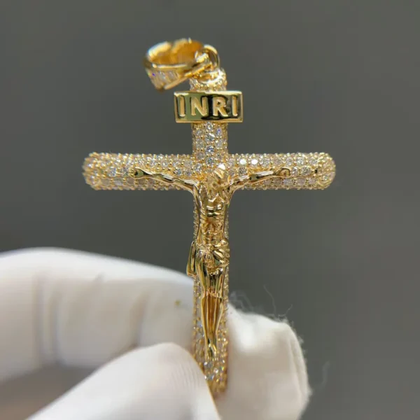 Celoray Custom 18K Yellow Gold Pave Diamond Jesus Cross Pendant with Diamond Bail