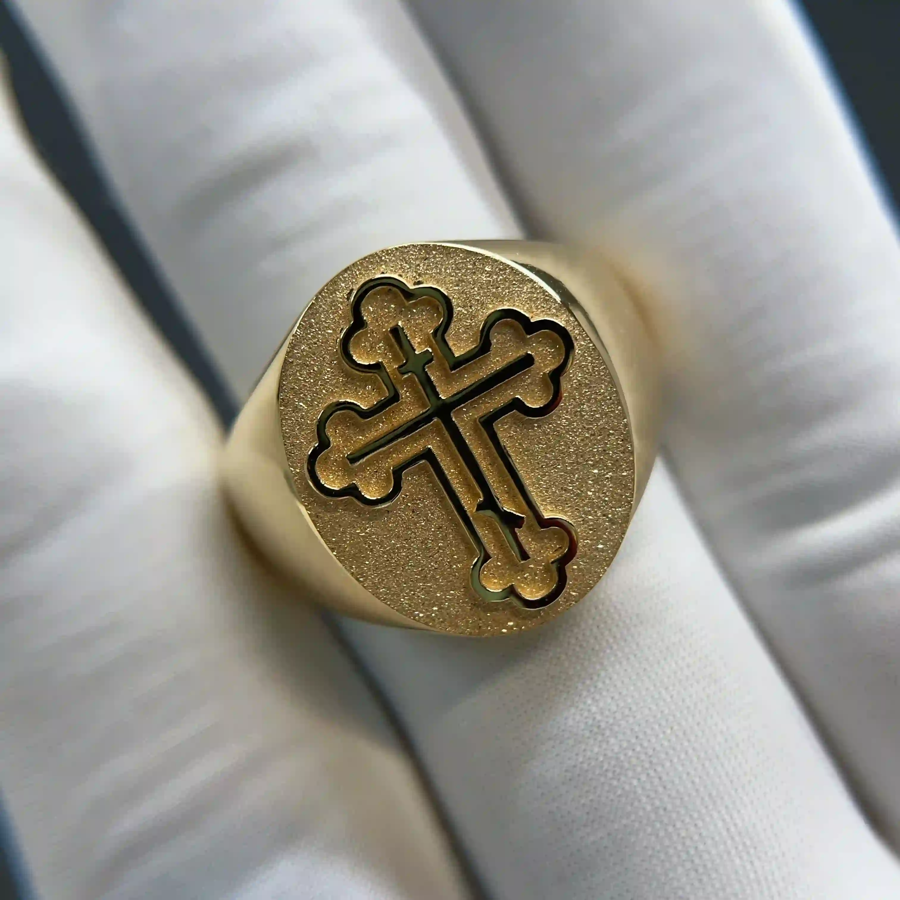 Celoray Custom 18K Yellow Gold Sandblasted Orthodox Cross Statement Ring for Men (1) Celoray Custom 18K Yellow Gold Sandblasted Orthodox Cross Statement Ring for Men