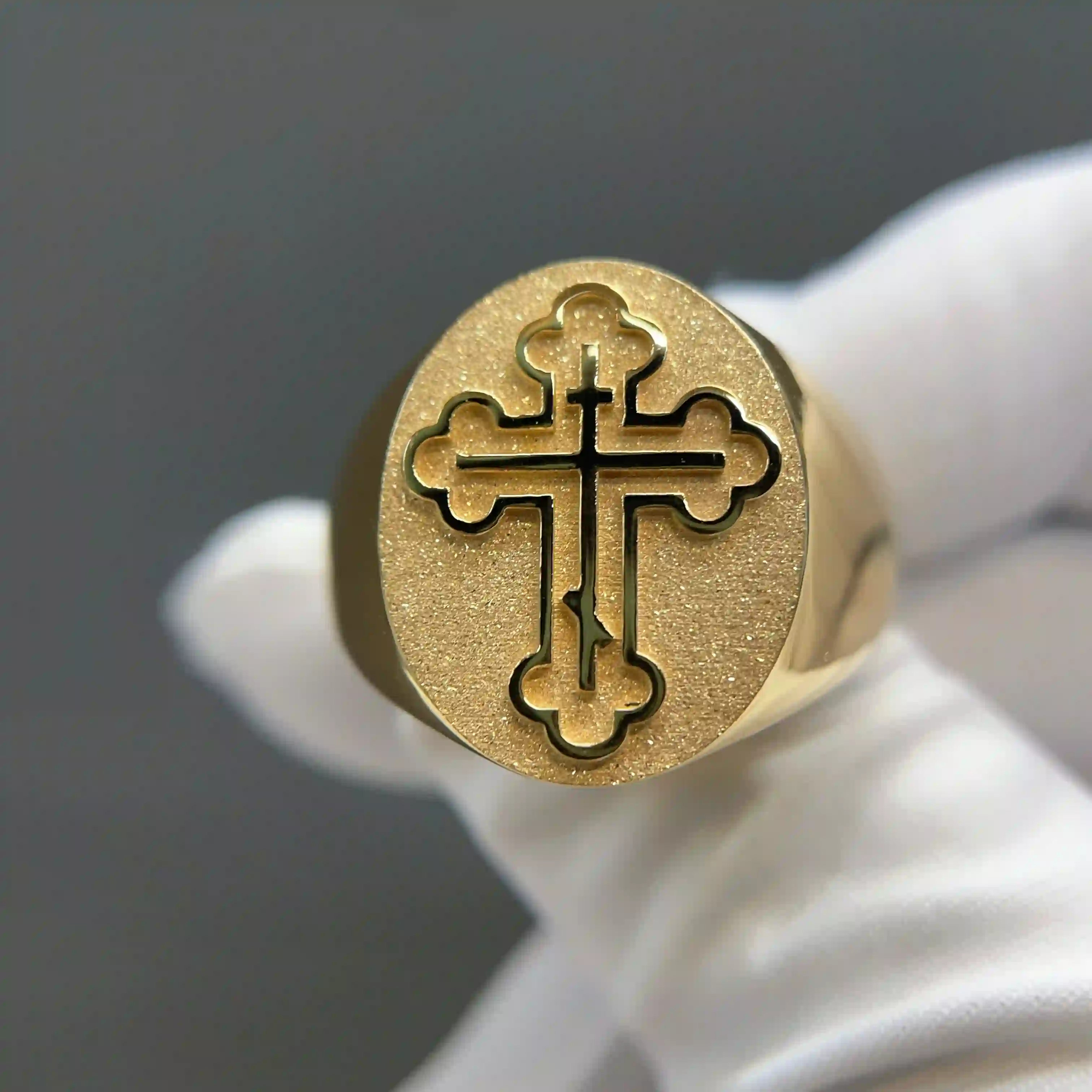 Celoray Custom 18K Yellow Gold Sandblasted Orthodox Cross Statement Ring for Men (5) Celoray Custom 18K Yellow Gold Sandblasted Orthodox Cross Statement Ring for Men