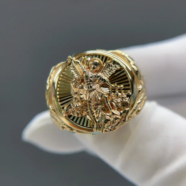 Celoray Custom 18K Yellow Gold St.Michael Diamond Cutting Statement Ring for Men