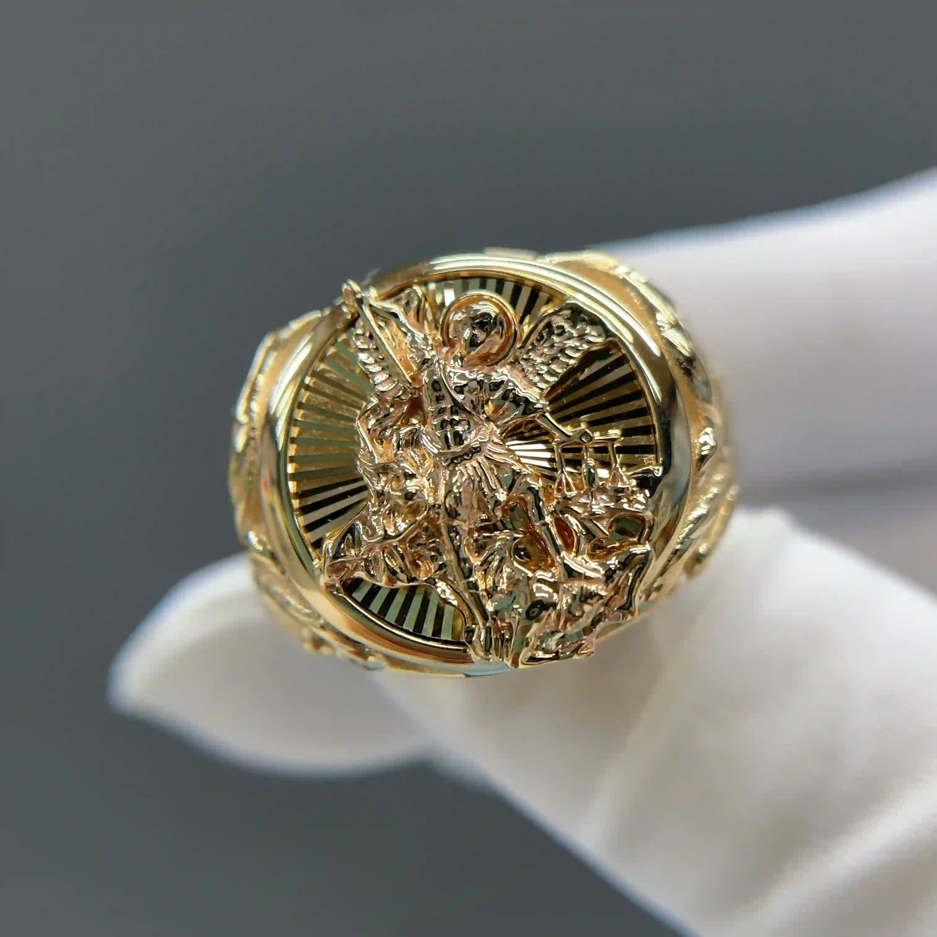 Celoray Custom 18K Yellow Gold St.Michael Diamond Cutting Statement Ring for Men (3) Celoray Custom 18K Yellow Gold St.Michael Diamond Cutting Statement Ring for Men