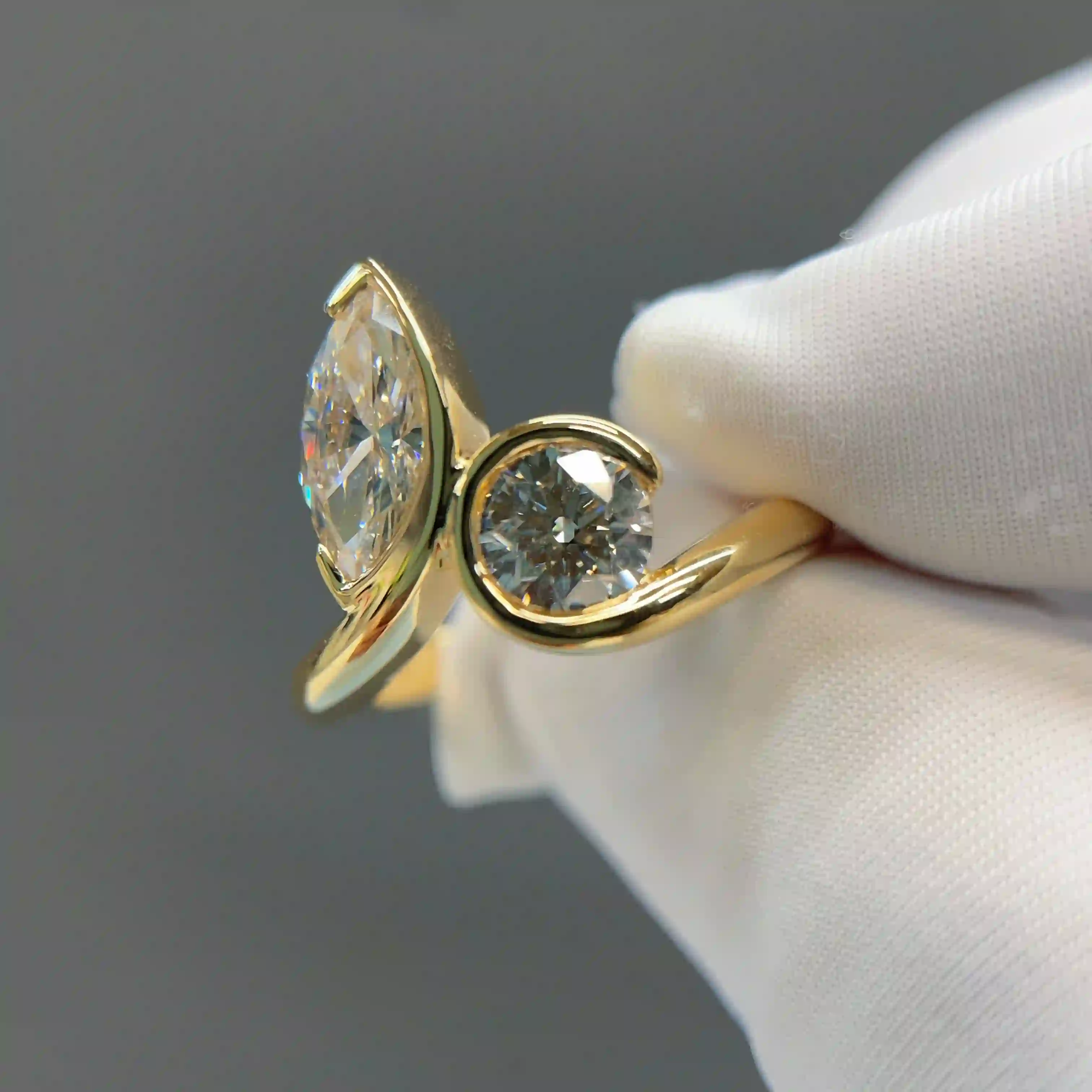 Celoray Custom 18K Yellow Gold Toi et Moi Ring with Marquise and Round Diamond (2) Celoray Custom 18K Yellow Gold Toi et Moi Ring with Marquise and Round Diamond