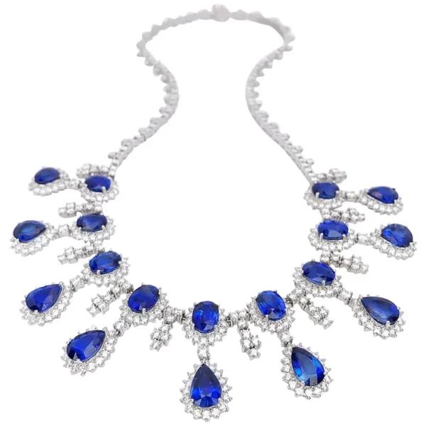 Celoray Custom 18K White Gold 37CT Blue Sapphire and 14CT Round Diamond Luxury Necklace