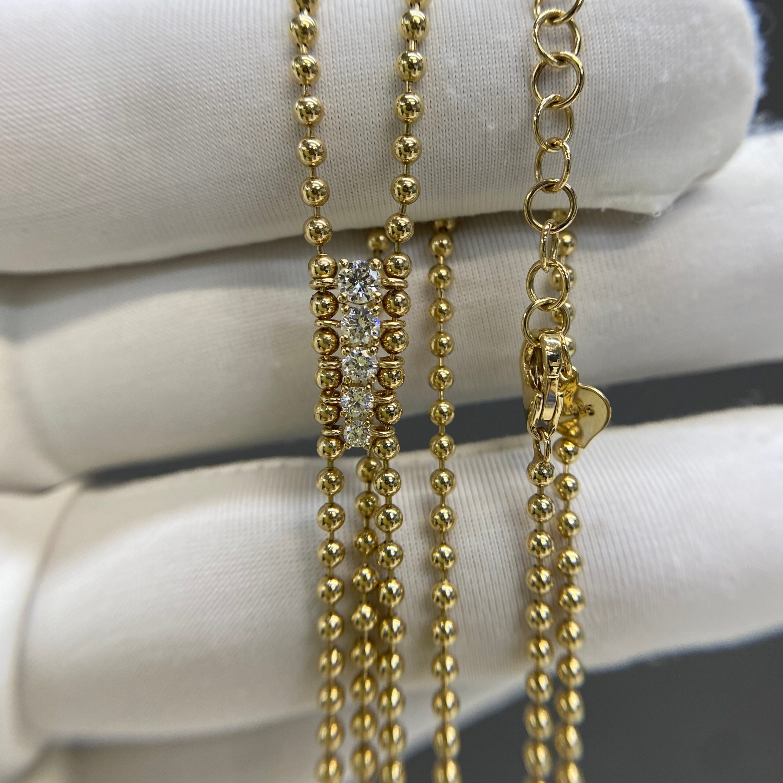 Celoray Custom 14K Yellow Gold Beaded Bolo Necklace with 3 Inch Drop and 5 Diamond Stations
