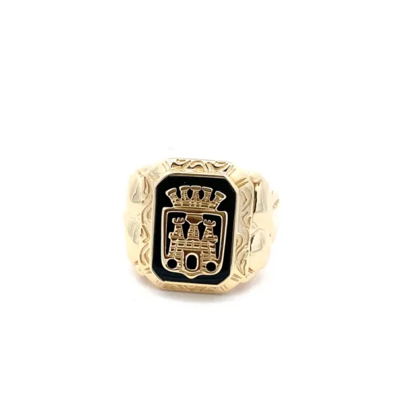Celoray Custom 14K Yellow Gold Black Onyx Signet Ring with Engraved Crest for Men