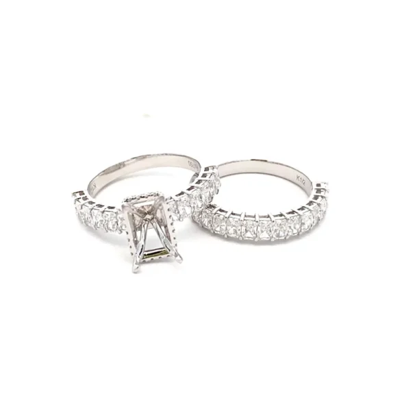 Celoray Custom 18K White Gold Radiant Cut Diamond Bridal Set with Half Eternity Side Stones Engagement Ring and Matching Wedding Band