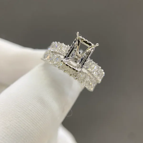 Celoray Custom 18K White Gold Radiant Cut Diamond Bridal Set with Half Eternity Side Stones Engagement Ring and Matching Wedding Band