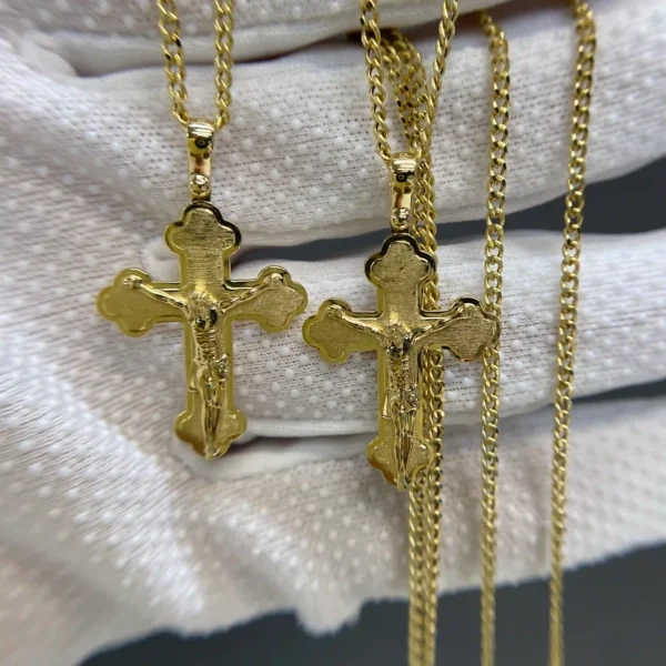 Celoray Custom 18K Yellow Gold Cuban Chain Cross Pendant Necklace with Jesus Crucifix 2MM Chain