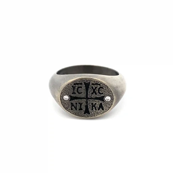 Celoray Custom 9K White Gold Blackened Cross Signet Ring with Letter Engraving and Diamond Accents