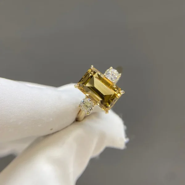 Celoray Custom 9K Yellow Gold 4CT Emerald Cut Smoky Quartz Three Stone Ring with 0.5CT Round Diamond Side Stones