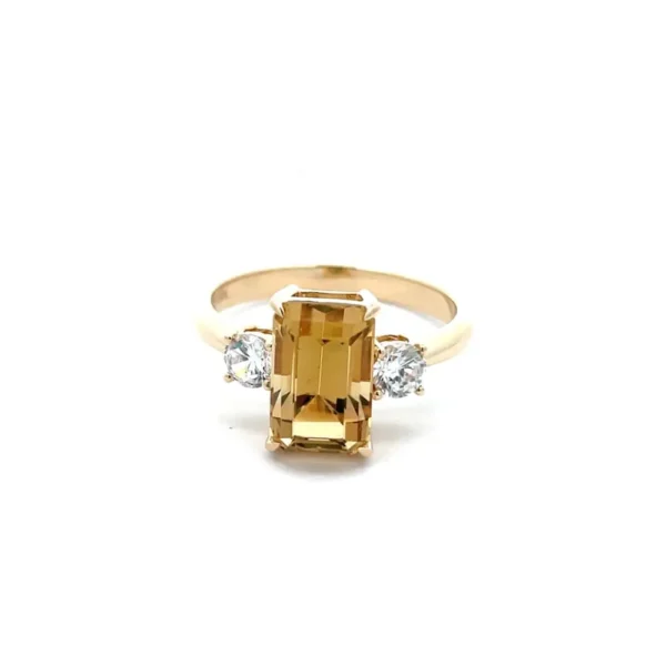 Celoray Custom 9K Yellow Gold 4CT Emerald Cut Smoky Quartz Three Stone Ring with 0.5CT Round Diamond Side Stones