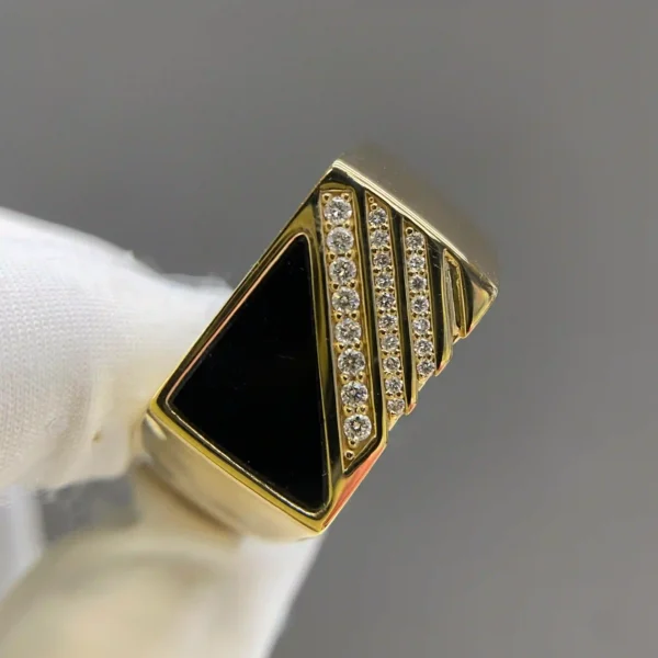 Celoray Custom 9K Yellow Gold Black Onyx Diamond Ring 0.6CT Onyx 0.3CT Diamond Geometric Signet Ring